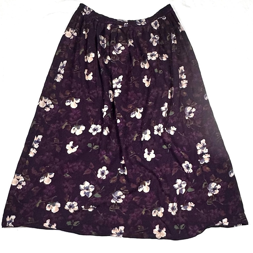 Vintage Positive Attitude Floral Purple White Midi A Line Skirt Cottage Large 10 - Picture 1 of 5